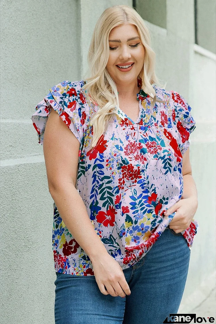 Plus Size Floral Smocked Flutter Sleeve Blouse