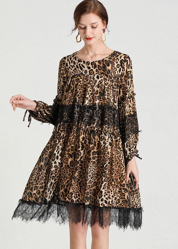 Fashion Leopard Patchwork Lace Fall Chiffon Dress CK1552- Fabulory