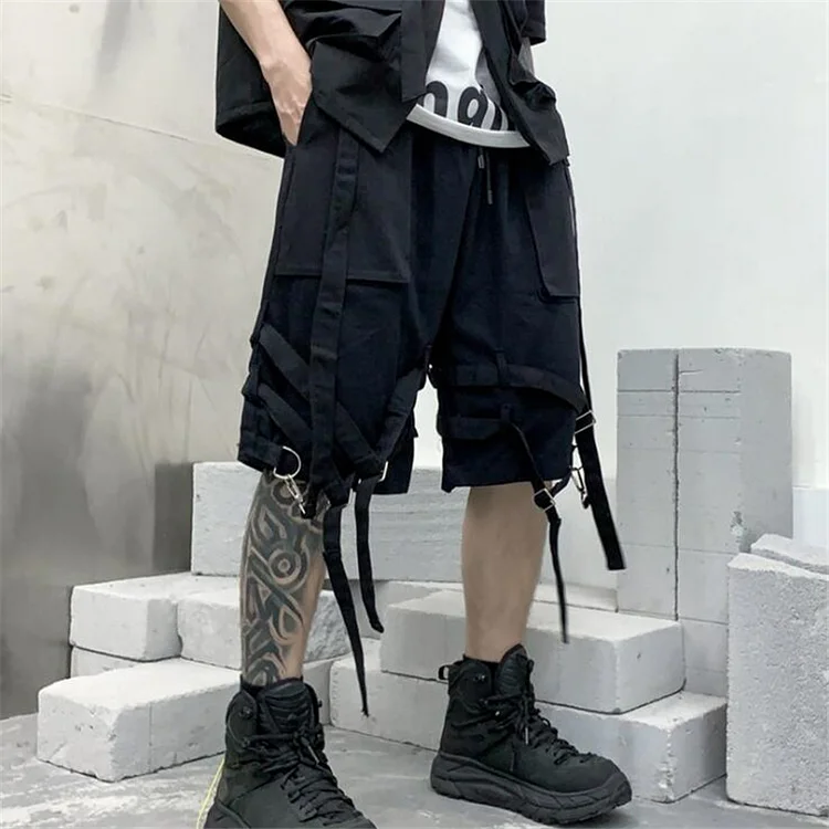 Traceeye 2025 Techwear Hip Hop Cargo Shorts Summer Men's Ribbons Bandage Harajuku Casual Short Homme Goth Punk Streetwear Shorts Bermudas