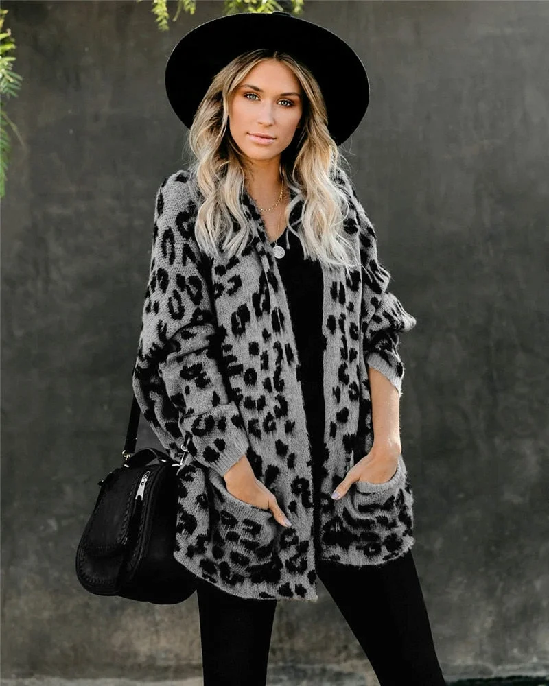 Fitshinling Pockets Leopard Winter Coat Long Cardigan Knitwear Boho Holiday Slim Knitted Cardigans Woman Clothing Sweaters 2020