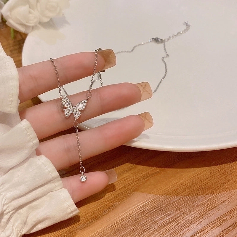 Elegant Lady Geometric Heart Shape Bow Knot Titanium Steel Copper Plating Inlay Zircon Pendant Necklace