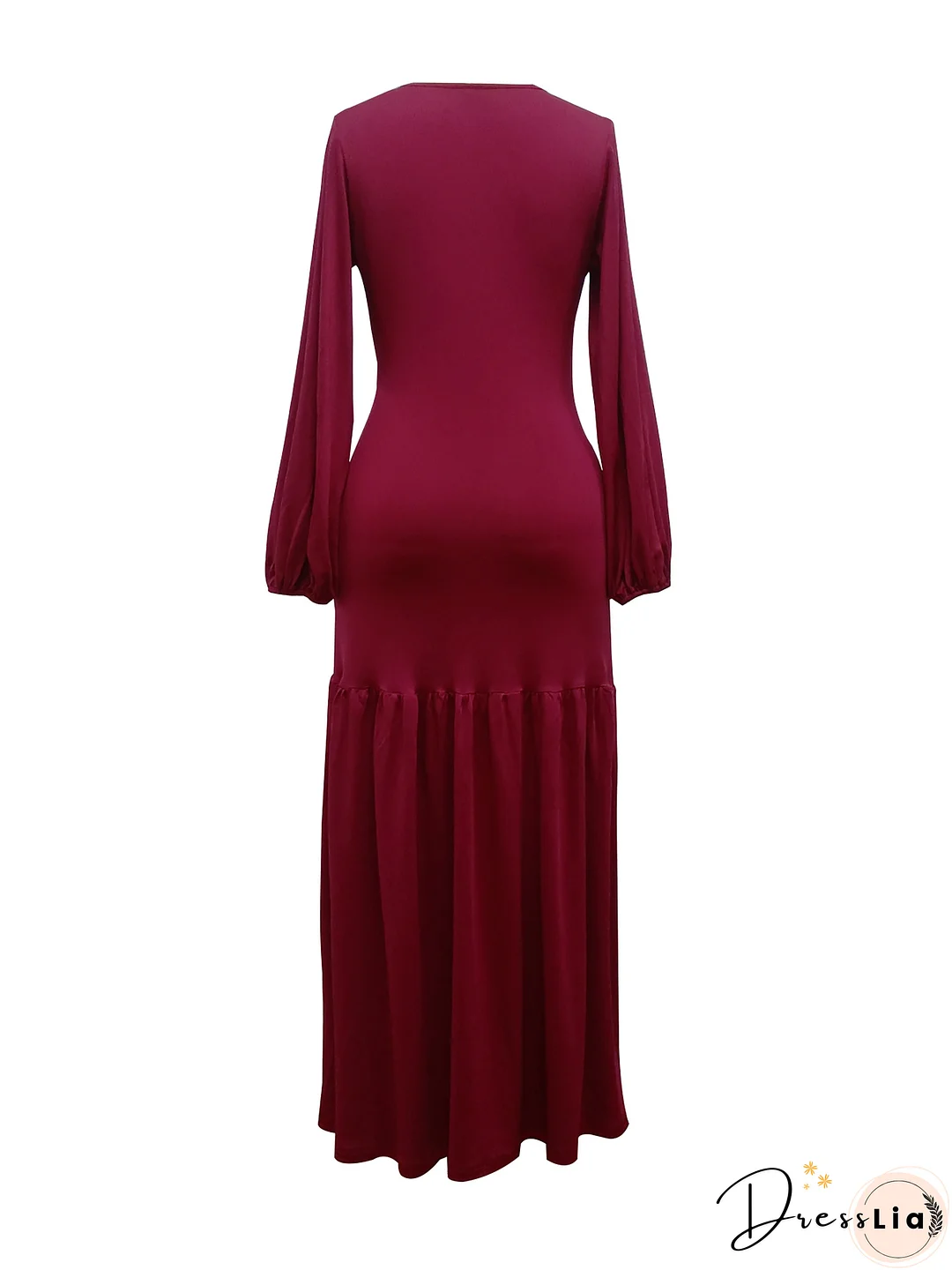 Ruched Solid Dress, Elegant V Neck Lantern Long Sleeve Maxi Party Dress, Women's Clothing