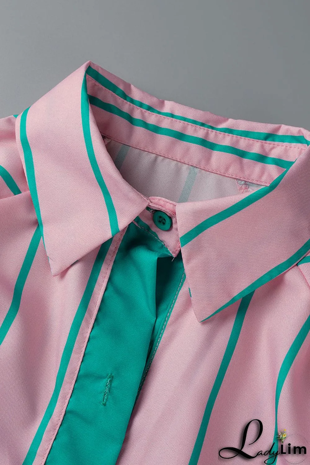 Pink Fashion Striped Print With Belt Turndown Collar Shirt Dress