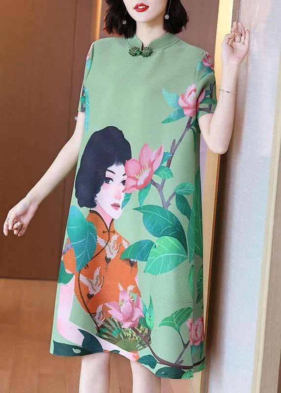 Italian Green Print Oriental Half Sleeve Party Dress Summer