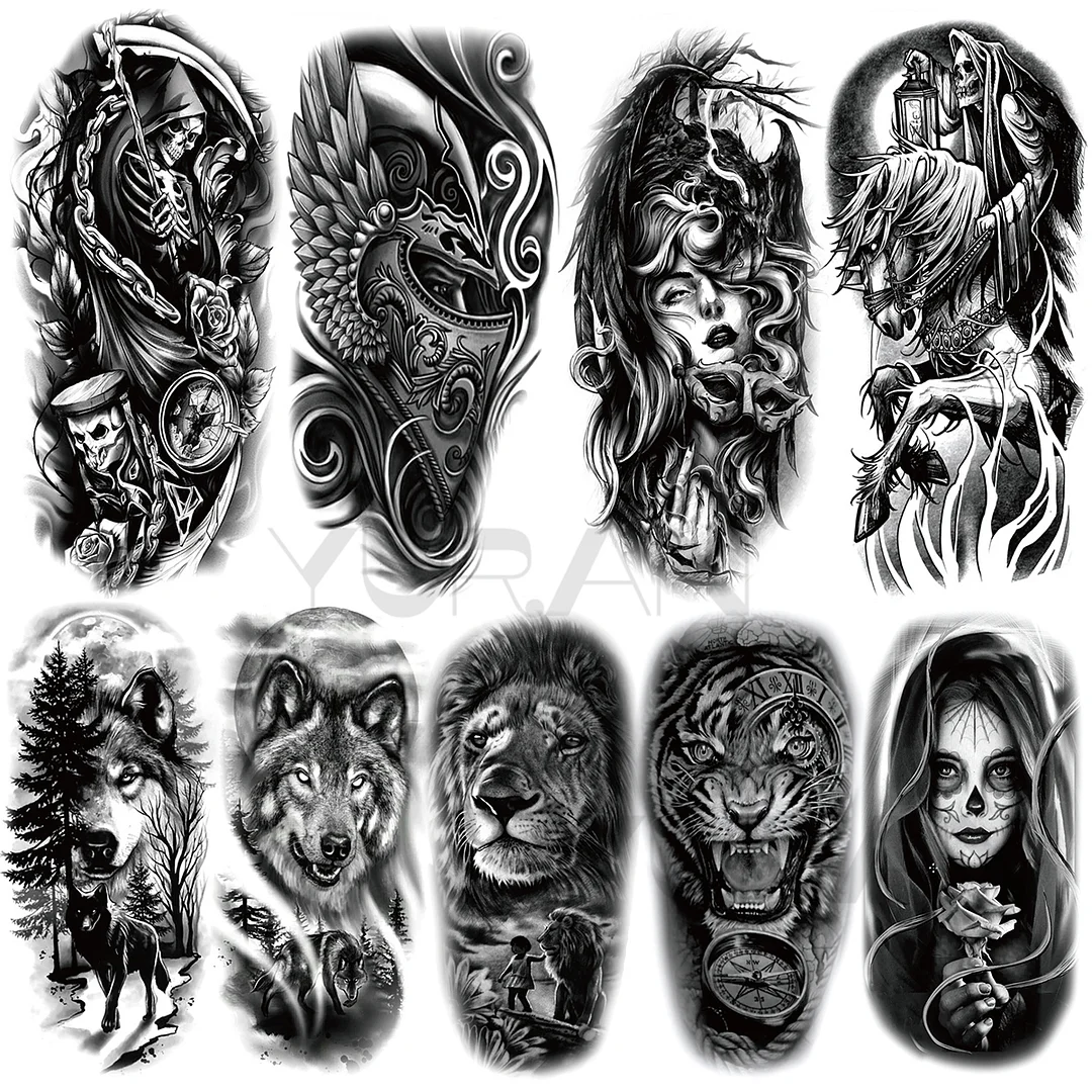 Sdrawing Scary Temporary Tattoos For Men Women Realistic Wolf Forest Lion Tiger Vampire Compass Fake Tattoo Sticker Arm Body Tatoos