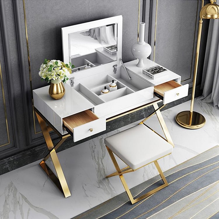 Homemys White Makeup Vanity with Storage & Flip Top Mirror 2 Drawers & Golden Base
