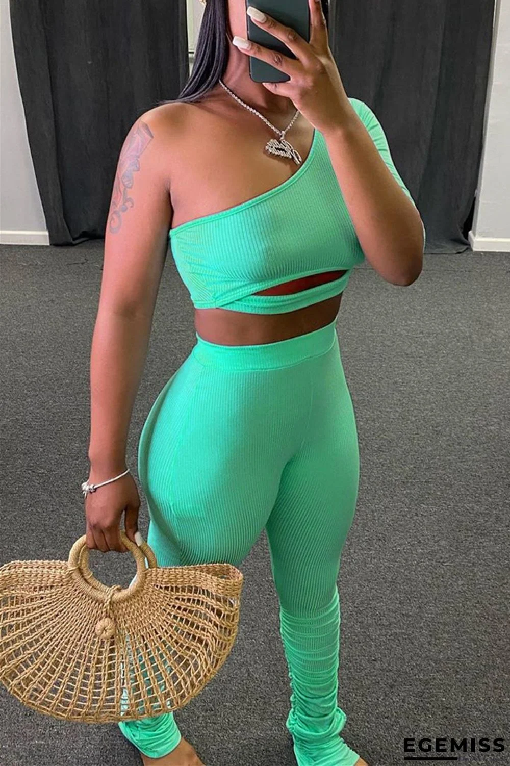 Light Green Fashion Sexy adult Ma'am Solid Two Piece Suits pencil Three Quarter Two Pieces | EGEMISS