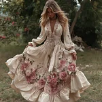Women's Vintage Roses Embroidery Art V-neck Long Sleeves Maxi Dress - Image 2