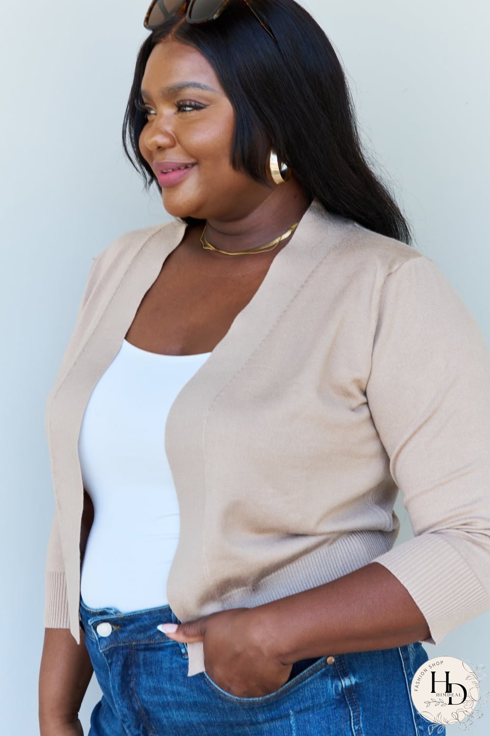 Doublju My Favorite Full Size 3/4 Sleeve Cropped Cardigan in Khaki