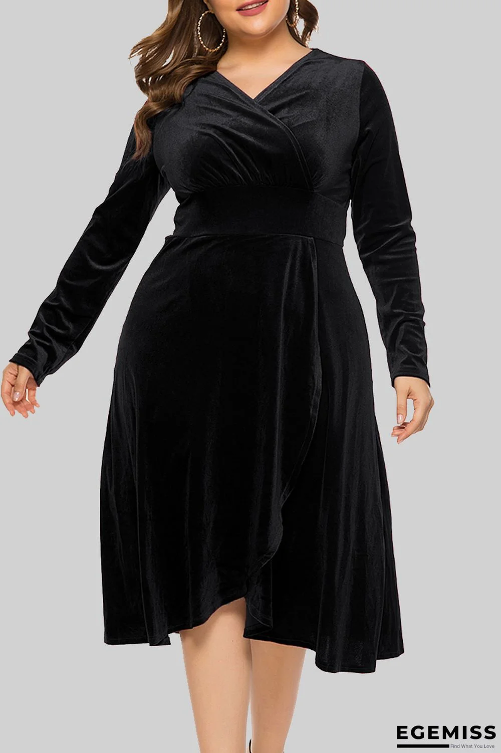 Black Casual Solid Patchwork V Neck Long Sleeve Plus Size Dresses | EGEMISS