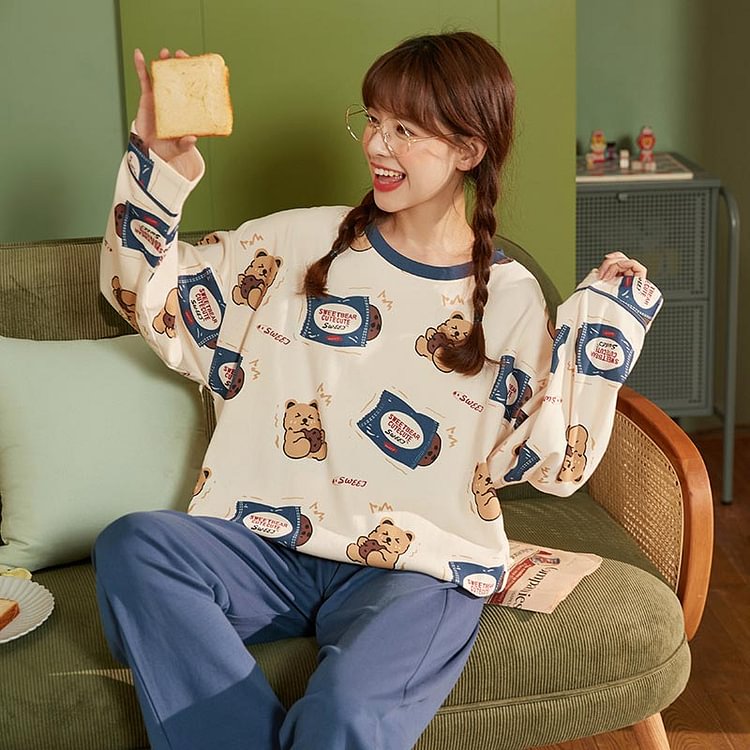 Lovely Bear Letter Home Cotton Pajamas Set - Modakawa Modakawa
