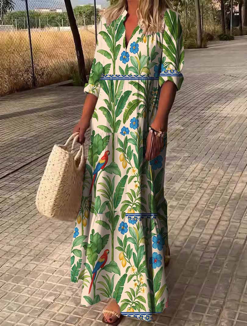Women Tropical, Green DZDN0087 SPU Printed Long Sleeve V-neck Maxi Dress