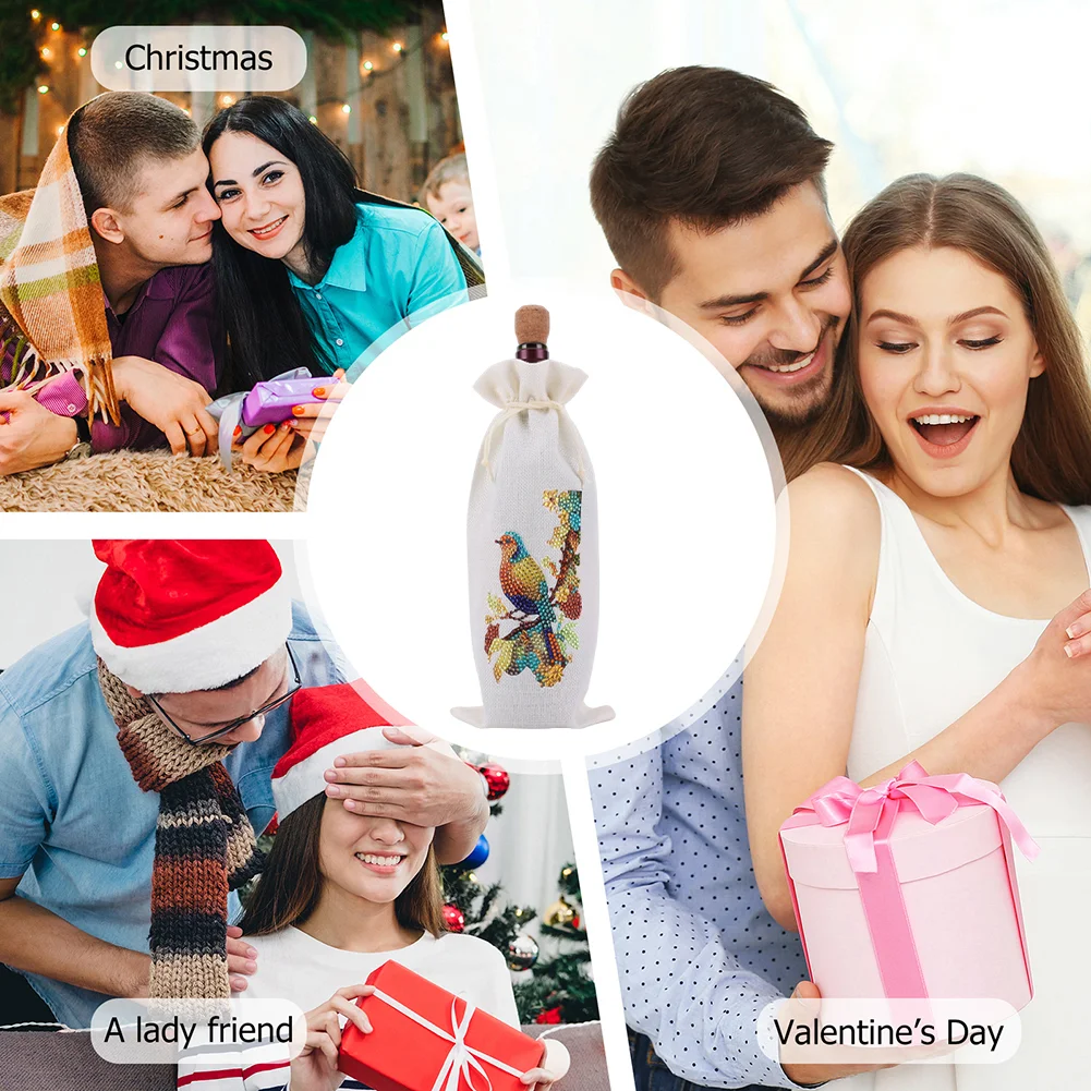 DIY Flower Diamond Painting Burlap Wine Gift Bags Label Liquor Bottle Covers