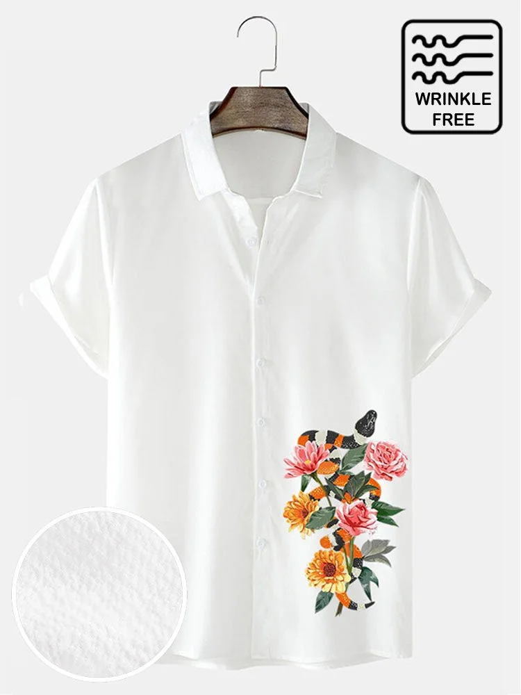 Men's Flower&Snake Print Hawaiian Casual Short Sleeve Shirt
