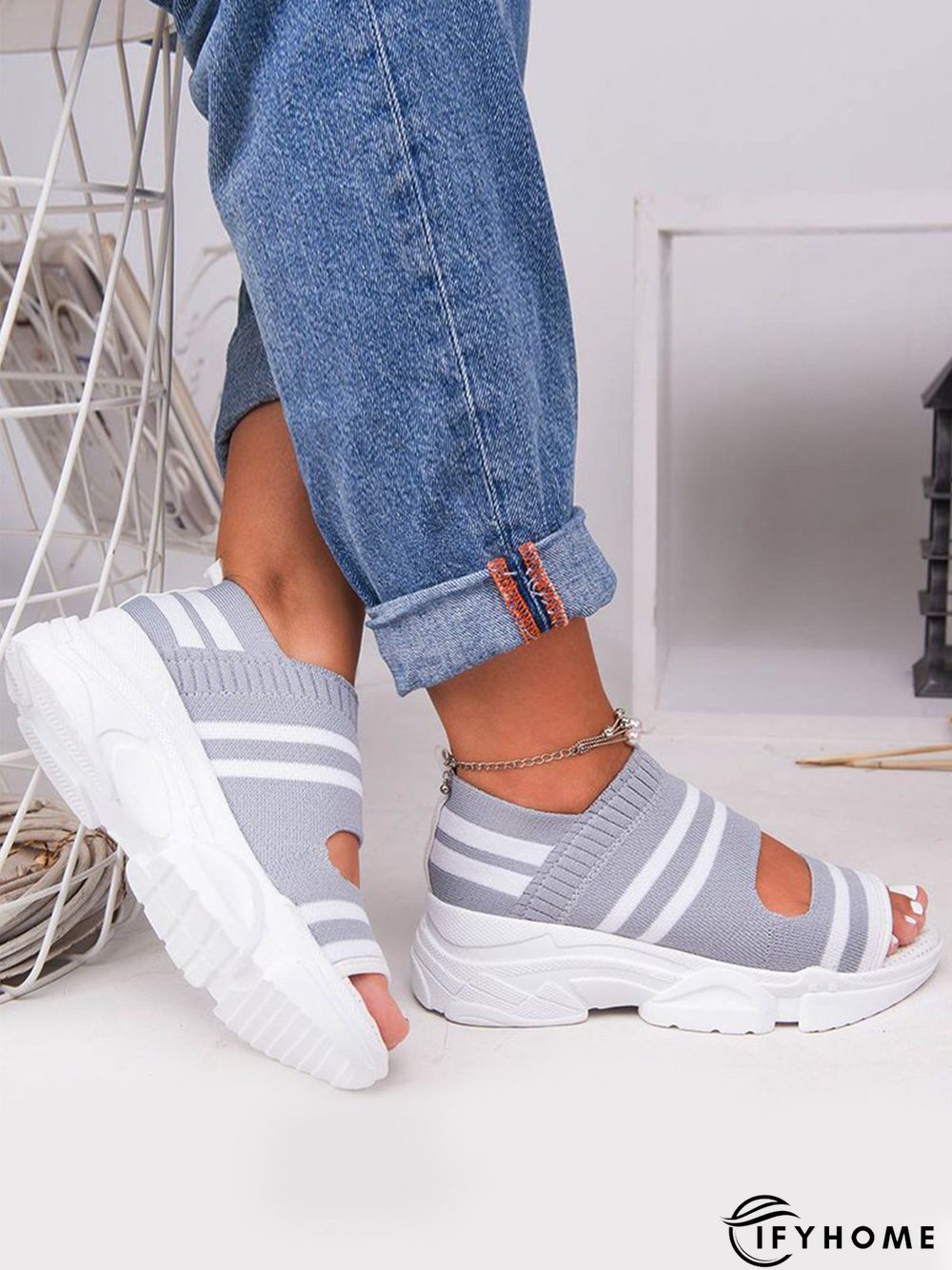 Casual Low Heel Gray Open Toe Sandals | IFYHOME