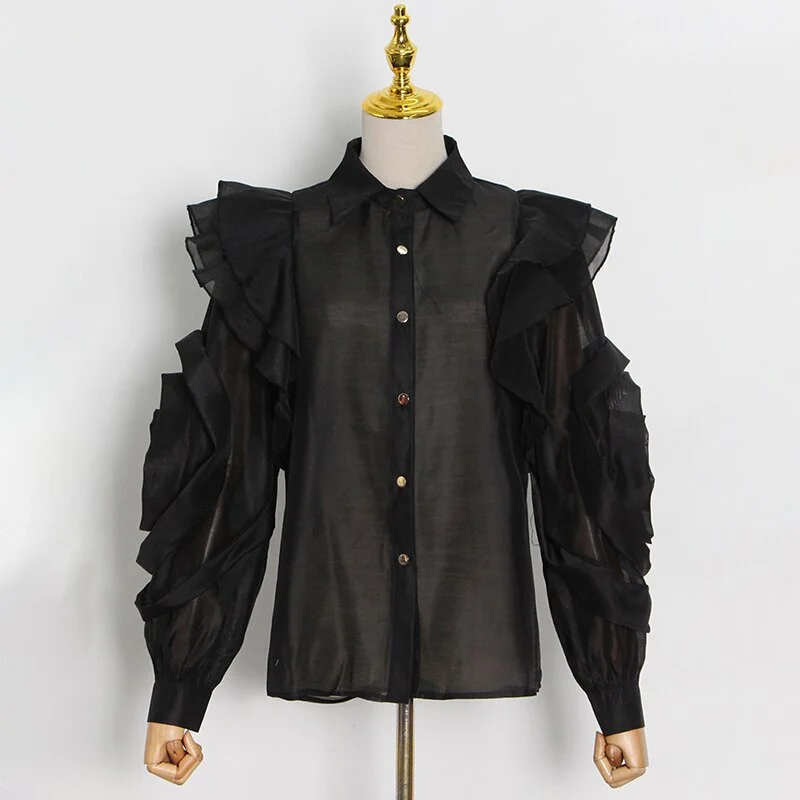 Pongl Straight Shirt For Women Lapel Long Sleeve Solid Ruffle Trim Button Through Blouse Female Korean Fashion Clothing