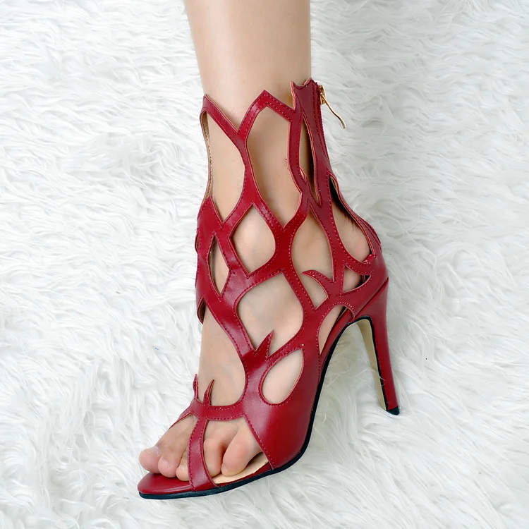 Red Hollow Out Open Toe Stiletto Heel Sandals Vdcoo