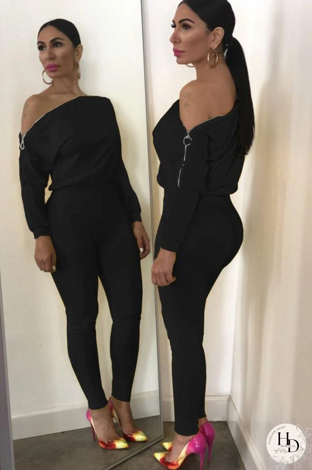 Blue Casual zipper Solid Polyester Long Sleeve one word collar Jumpsuits