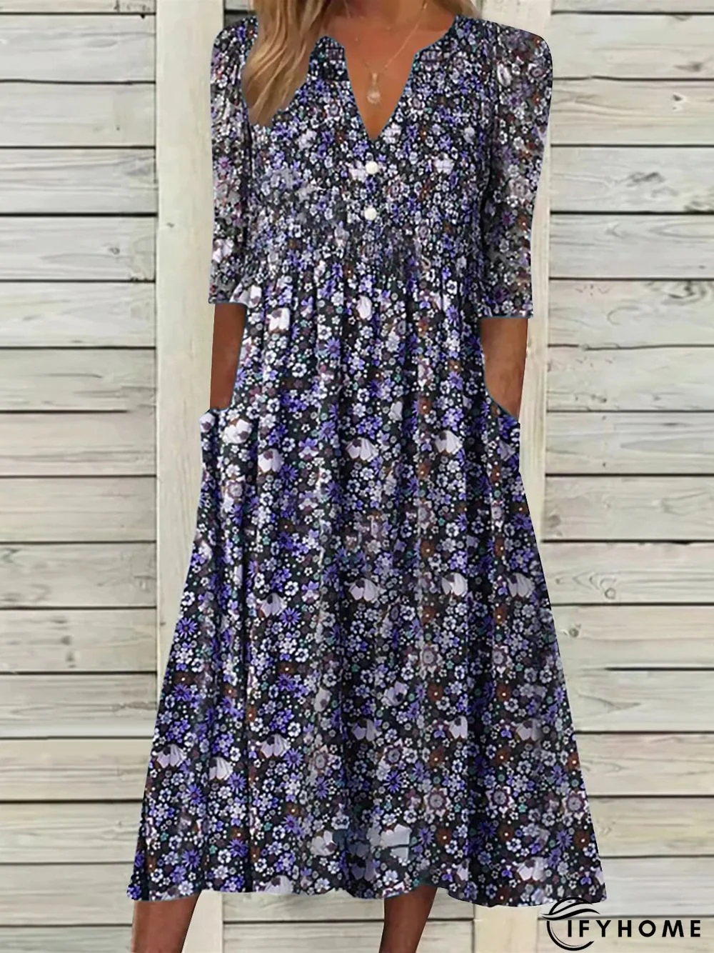 Casual Short Sleeve Woven V Neck Floral Midi Dress | IFYHOME