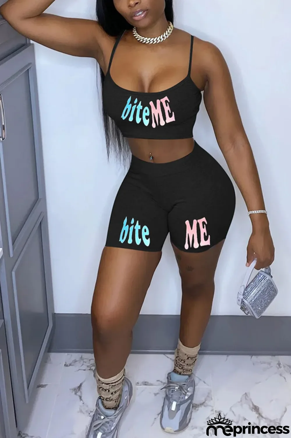 Brown Polyester Sexy Letter Straight Sleeveless Two Pieces