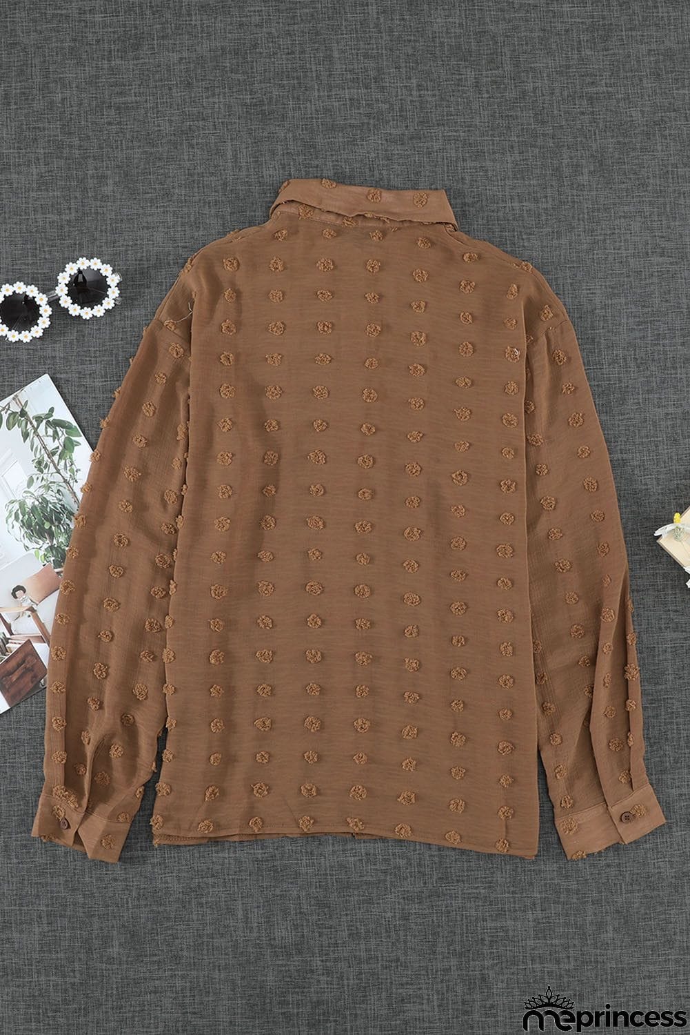 Brown Long Sleeve Button Fuzzy Polka Dot Shirt