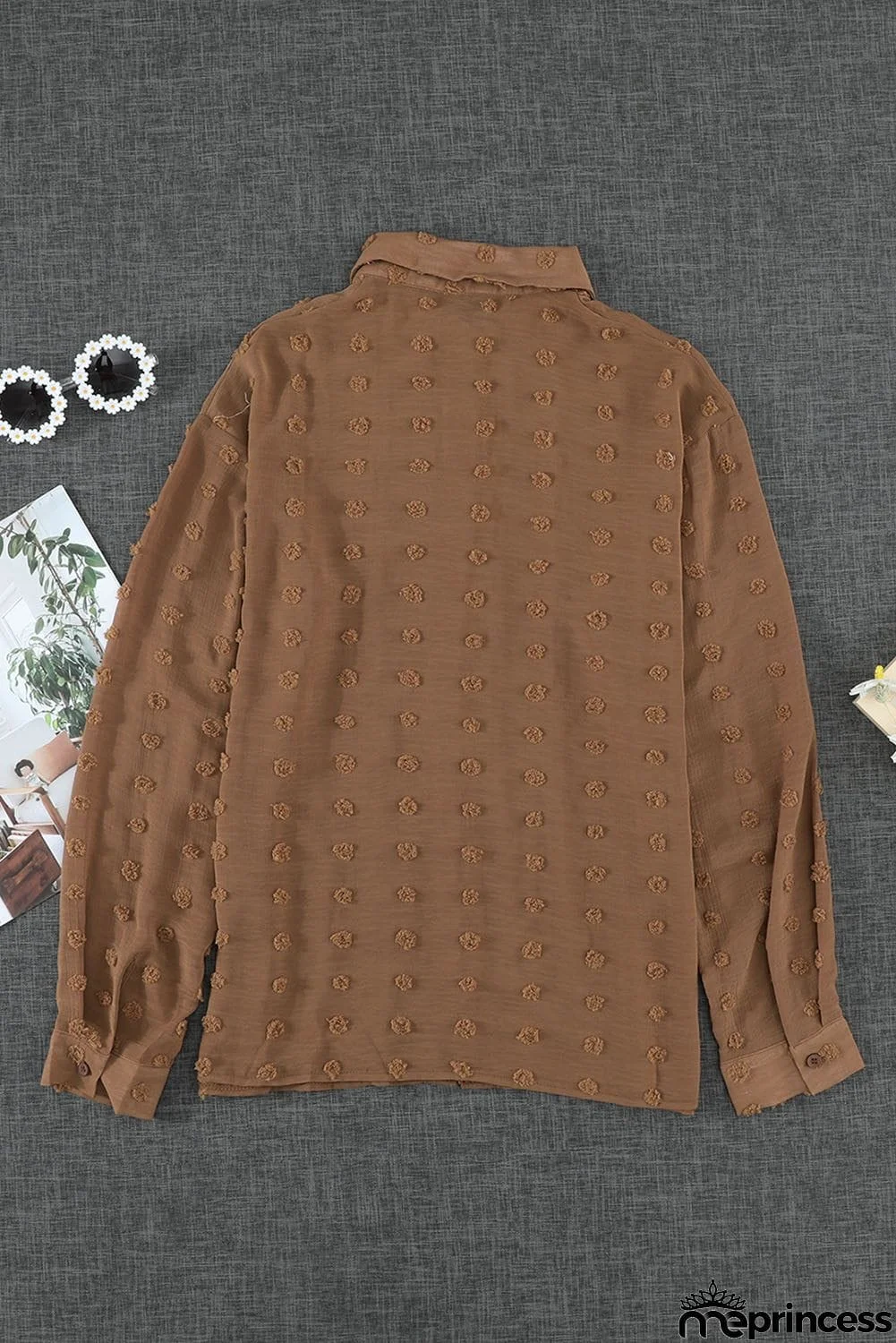 Brown Long Sleeve Button Fuzzy Polka Dot Shirt