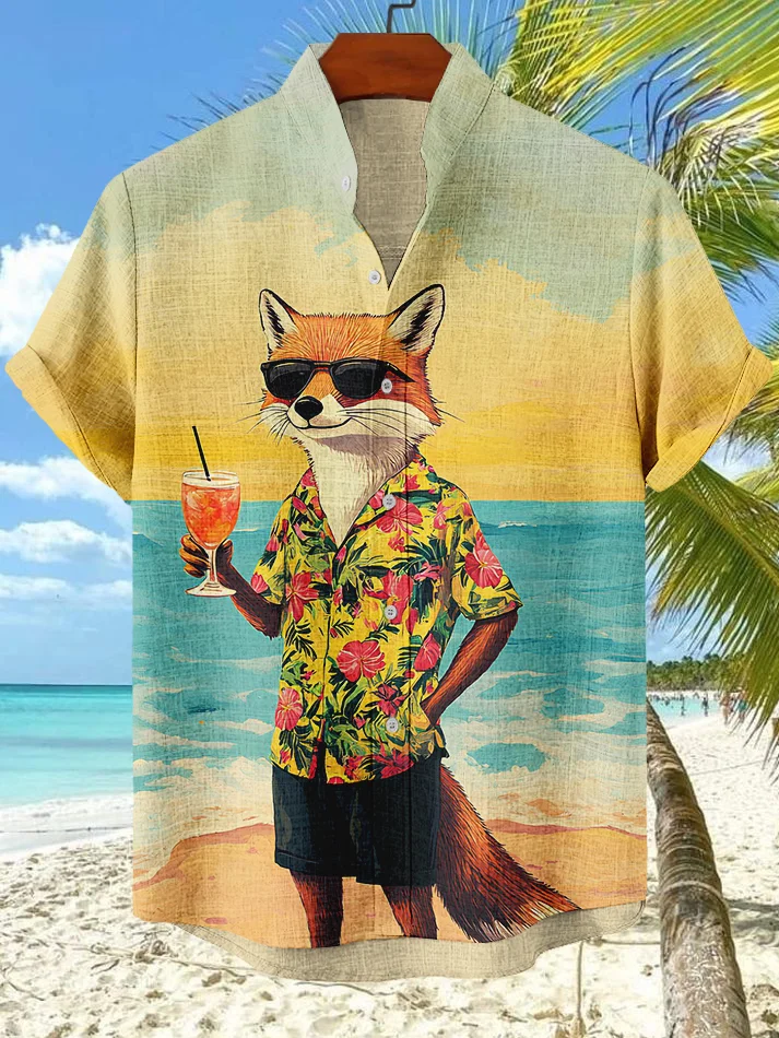 Men's Fox Cocktail Hawaii Vacation Art Print Casual Shirt