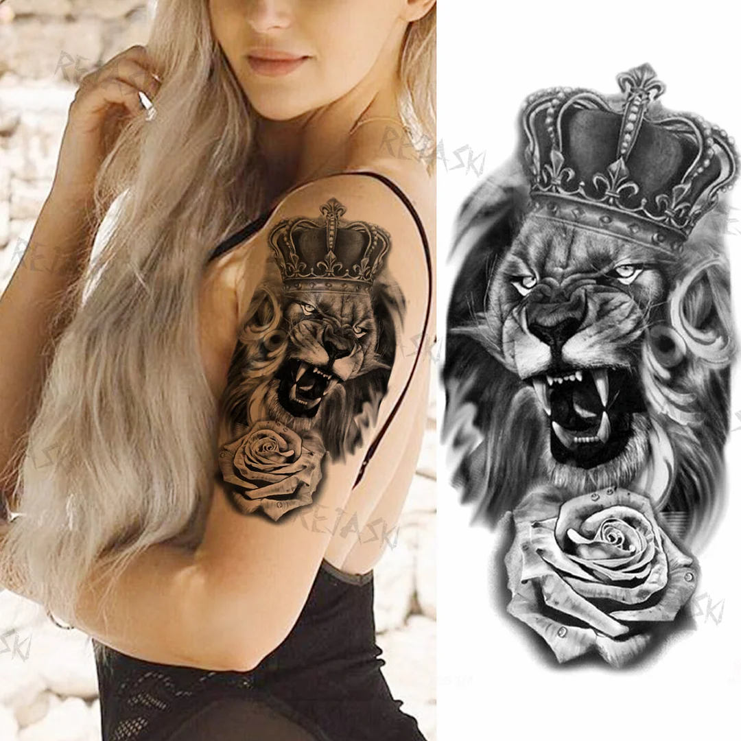 Sdrawing Big Lion Crown Temporary Tattoos For Men Women Tiger Flower Cross Skull Realistic Fake Tattoo Body Art Tatoo Sticker