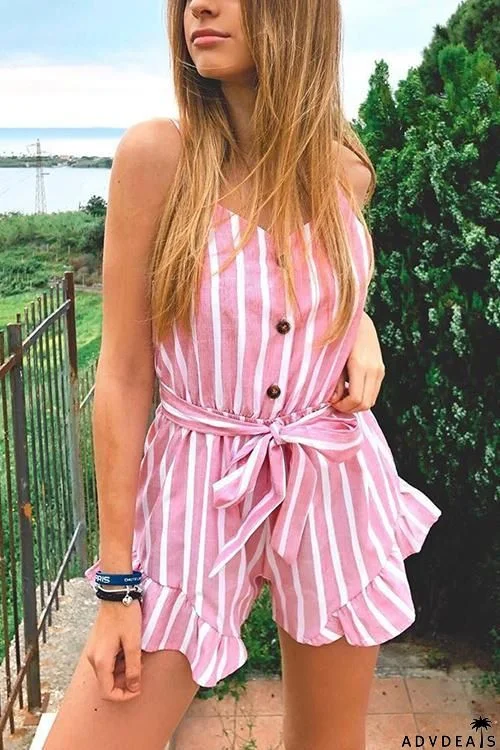 Button Stripe Belted Romper