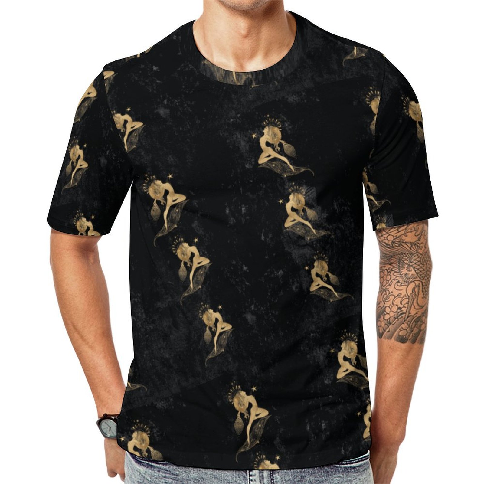 Zodiac Goddess Cosmic Gold Aries Astrology Short Sleeve Print Unisex Tshirt Summer Casual Tees for Men and Women Coolcoshirts