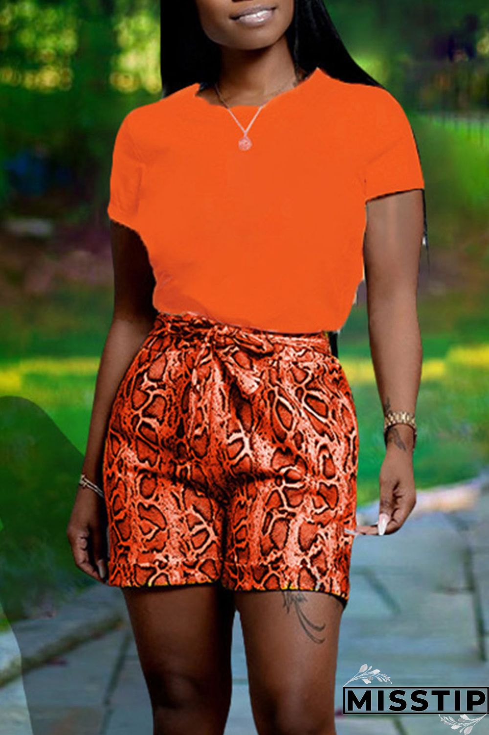 Green Casual Print Patchwork O Neck Short Sleeve Two Pieces