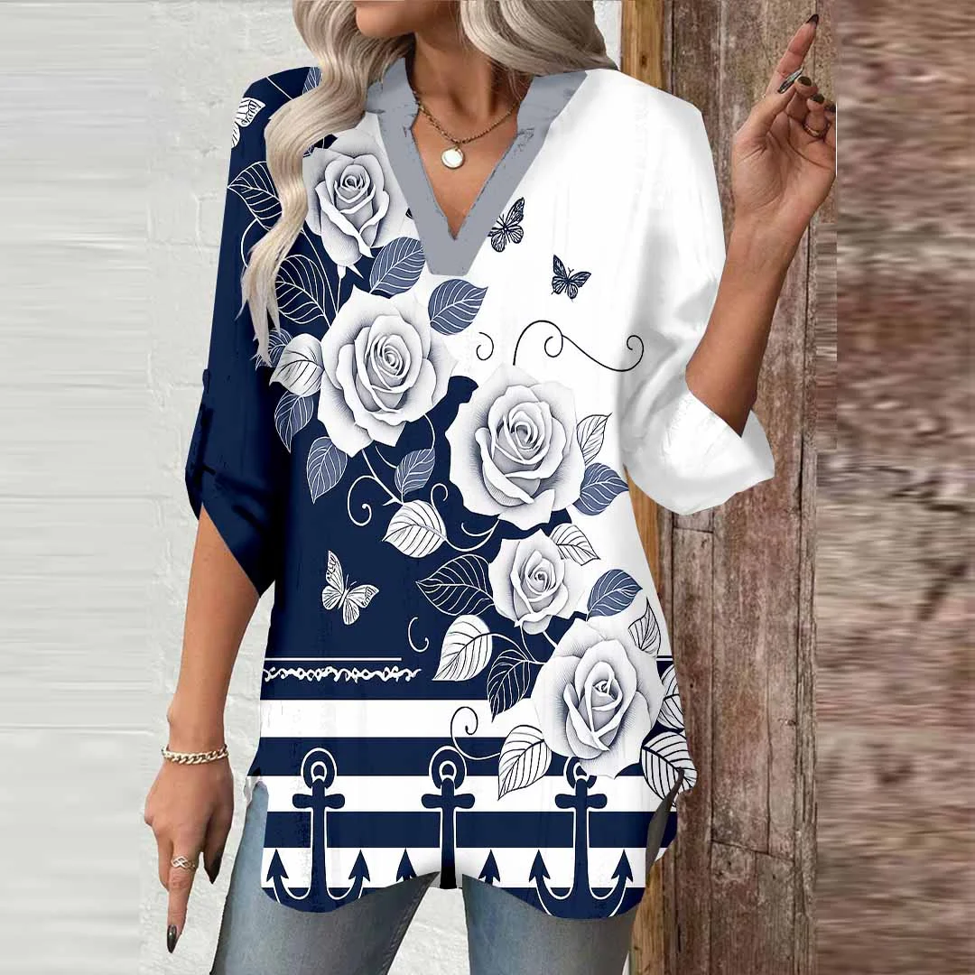Women Floral,Black,Anchor DZGA0795 3/4 Sleeve V-neck Printed Graphic Button Tops