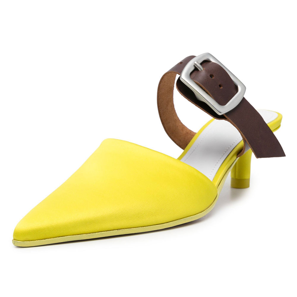 Yellow Slip-On Buckle Strap Kitten Heel Mule Shoes for Women Nicepairs