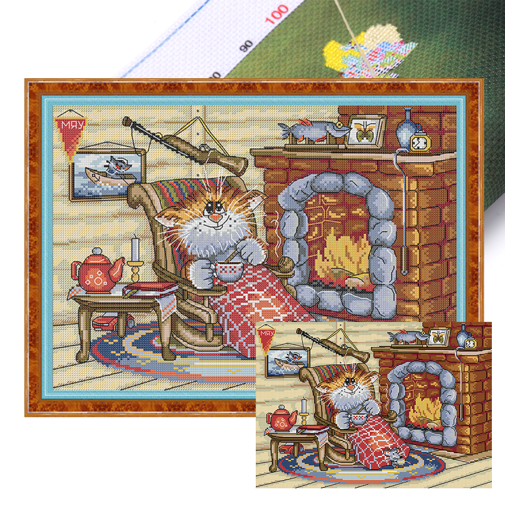 Cat'S Cozy Night Full 14CT Pre-stamped Canvas(40*30cm) Cross Stitch(backstitch)