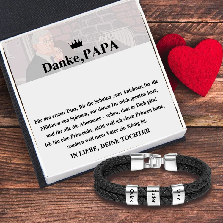 Personalisiertes 3 Namen Perlen Leder Armband-Danke, PAPA-Geschenk mit Nachrichtenkarte