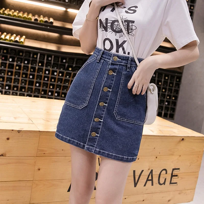 Zoki Plus Size Women Denim Skirt Korean Fashion Button Ladies Jeans Mini Skirt Casual High Waist A Line Pocket Black Blue Faldas