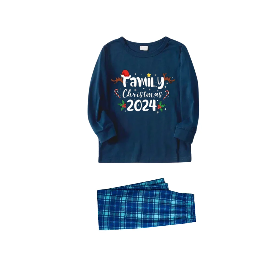 "FAMILY CHRISTMAS 2024" Text And Santa Hat & Snowflake Printed Pattern - Blue Long Sleeve Top With Blue Plaid Family Matching Pajamas