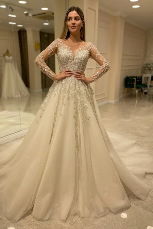 Elegant Long A-line Lace Appliques Wedding Dress With Sleeves