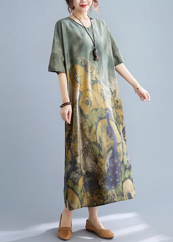 Elegant Peacock Green V Neck Print Side Open Dresses Short Sleeve CK1422- Fabulory