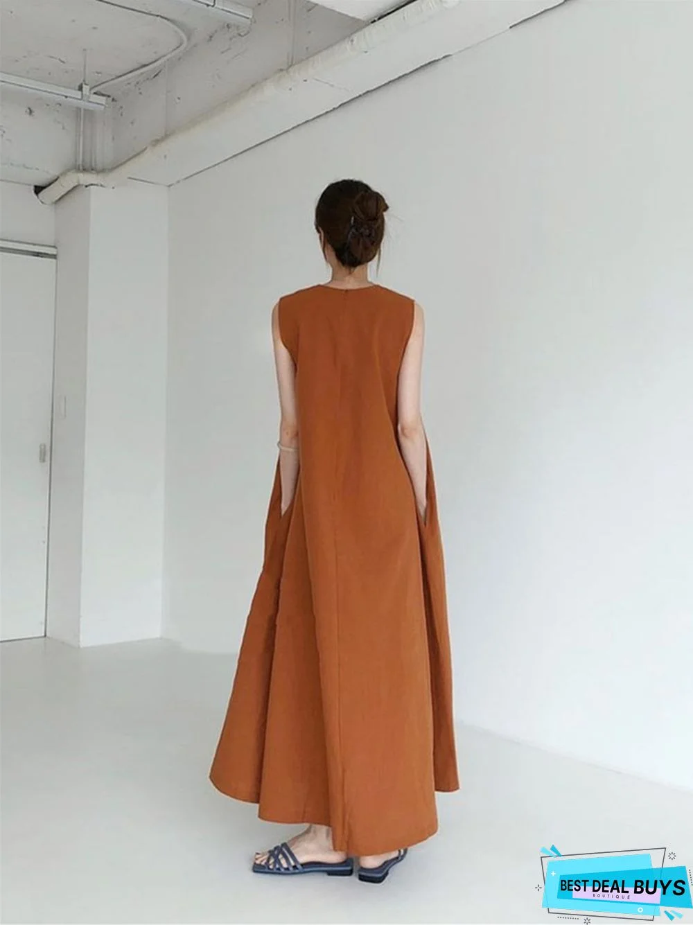 Simple Lazy Big Swing Loose Sleeveless A-Line Vest Slim Cotton and Linen Dress