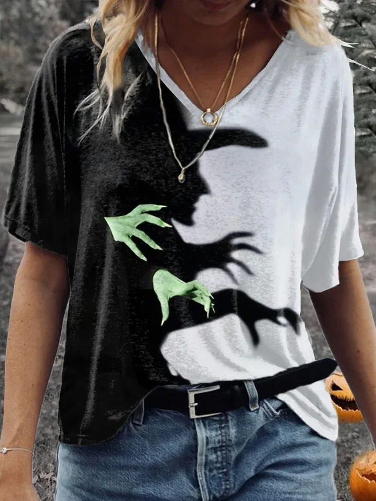 Comstylish Women's Halloween Witch Shadow Print Casual V-Neck Tee