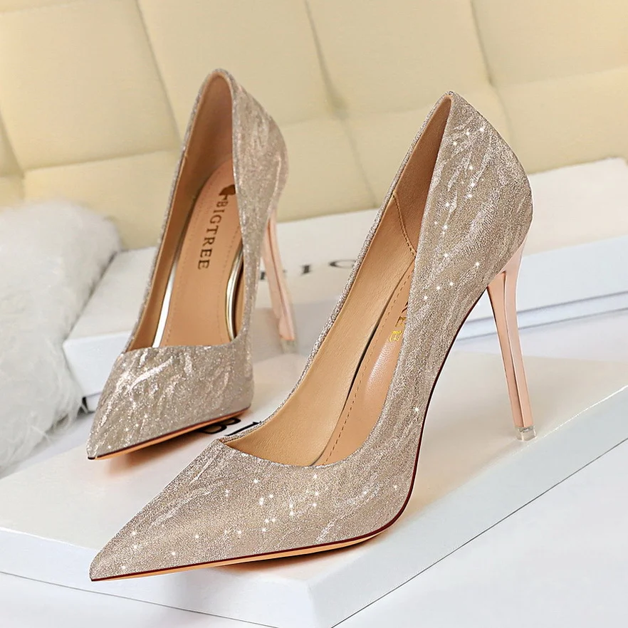 Colourp Colourp High-Heeled Women's Shoes Thin Heel High Heel Shallow Pointed Sequin Sexy Thin Nightclub Single Shoes Wedding Shoes