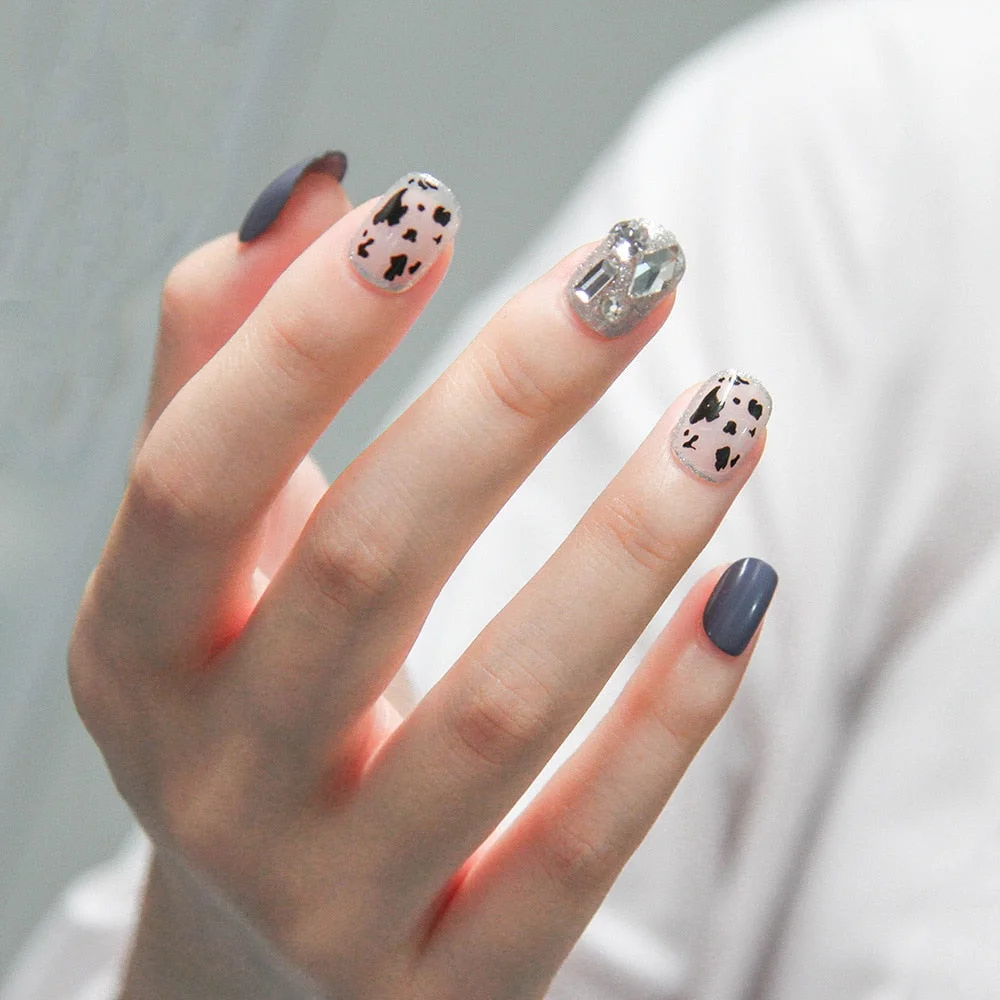 24pcs Blue Waves Printed False Nail Patch Glue Type Removable Long Paragraph Fashion Manicure Coffin Fake Nail Ballerina Art-Nail Inspo