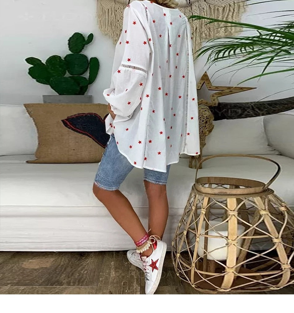 Women White Casual Lantern Long Sleeve Hollow Pentagram Printed Blouse Shirt