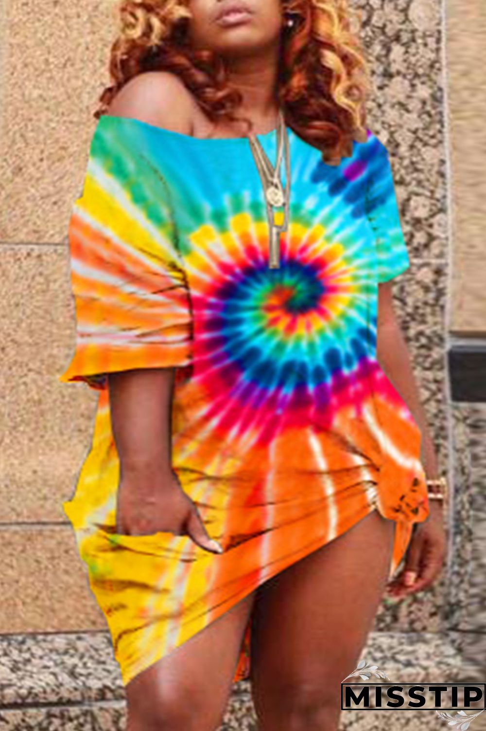 Hide Blue Fashion Casual Tie Dye O Neck Plus Size Dresses