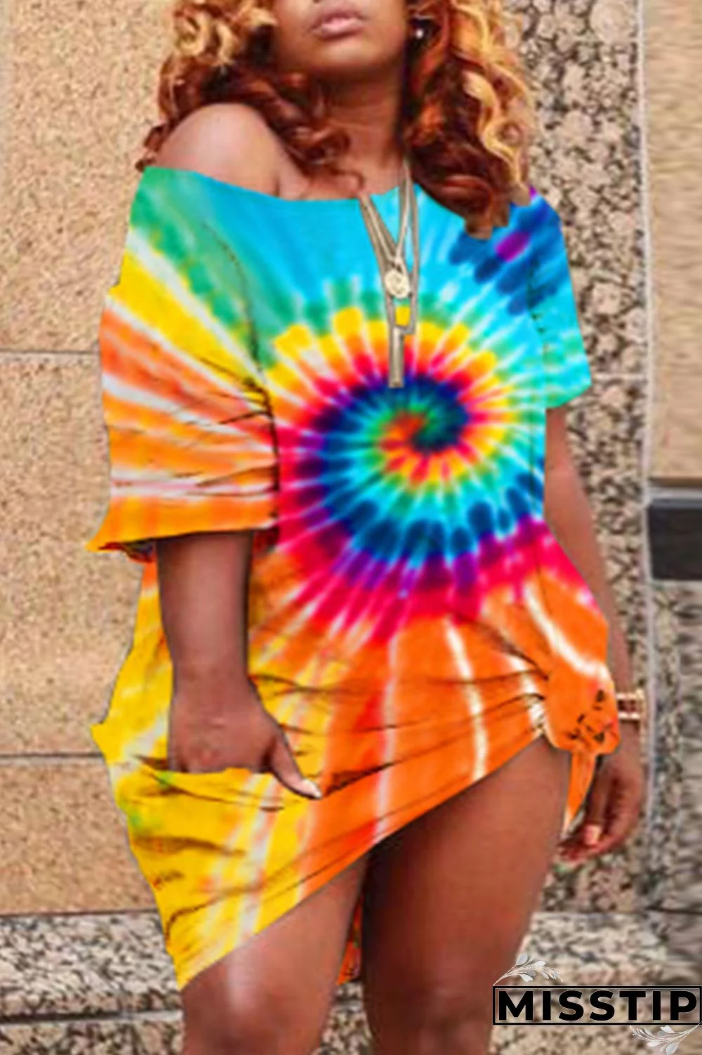 Hide Blue Fashion Casual Tie Dye O Neck Plus Size Dresses