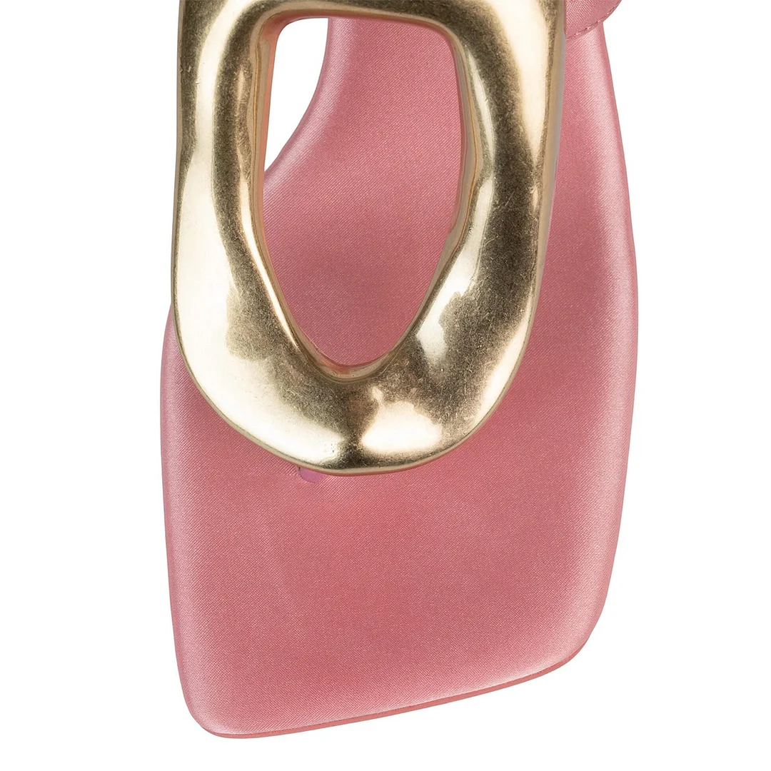 Peach Square Toe Gold Buckle Strap Satin Sandals with Wedge Heels