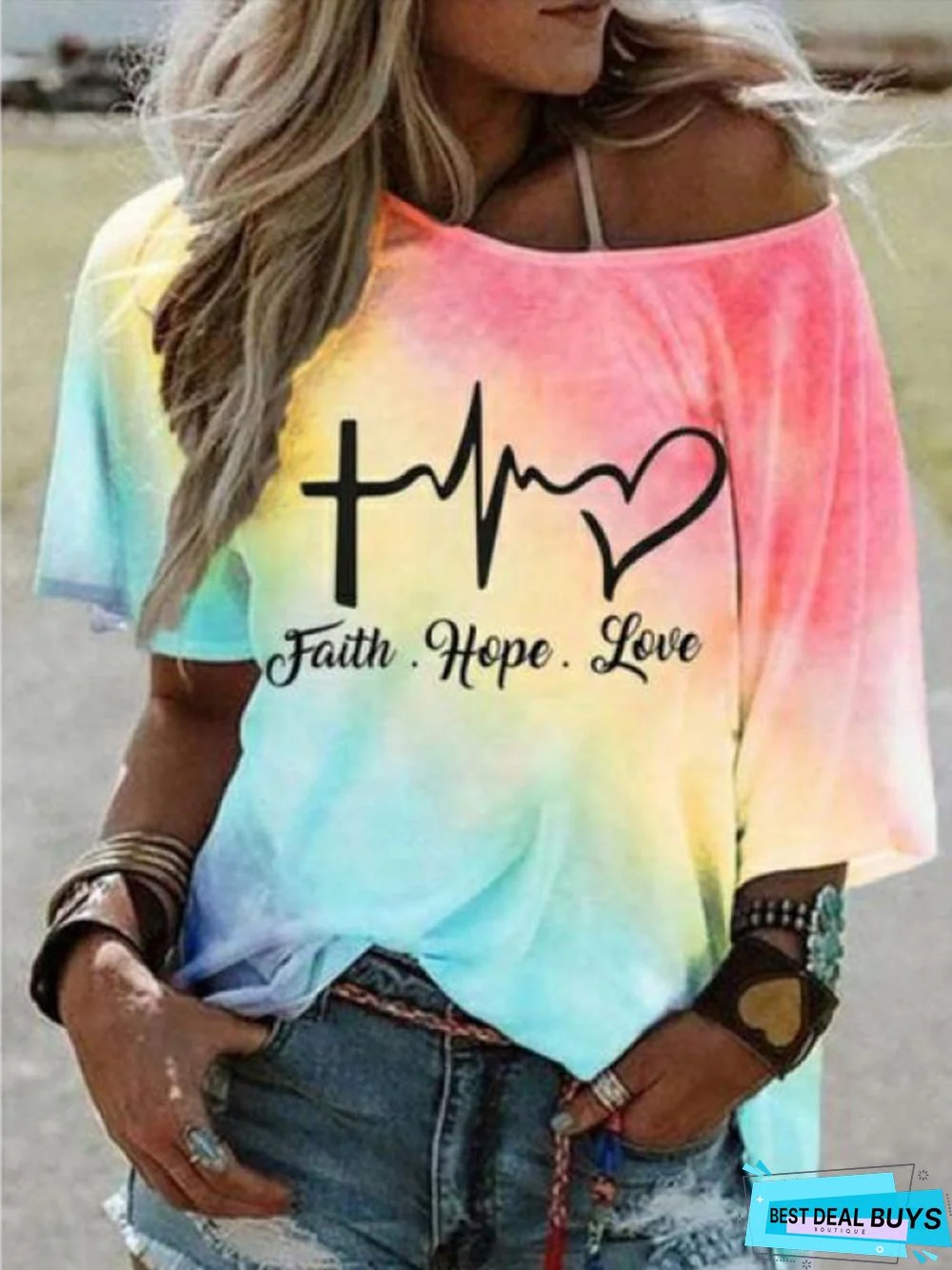 Ombre Daily Casual Ombre/tie-Dye Letter Short Sleeve Shift T-shirt