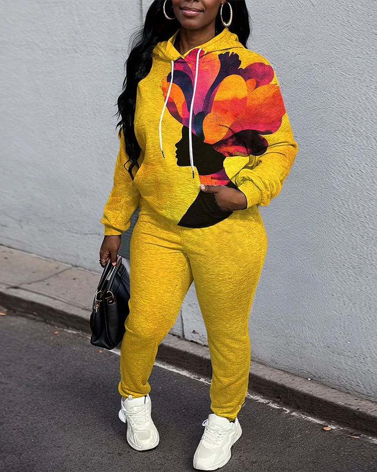 Colorful Retro Ethnic Portrait Print Hoodie and Solid Color Casual Pants Set