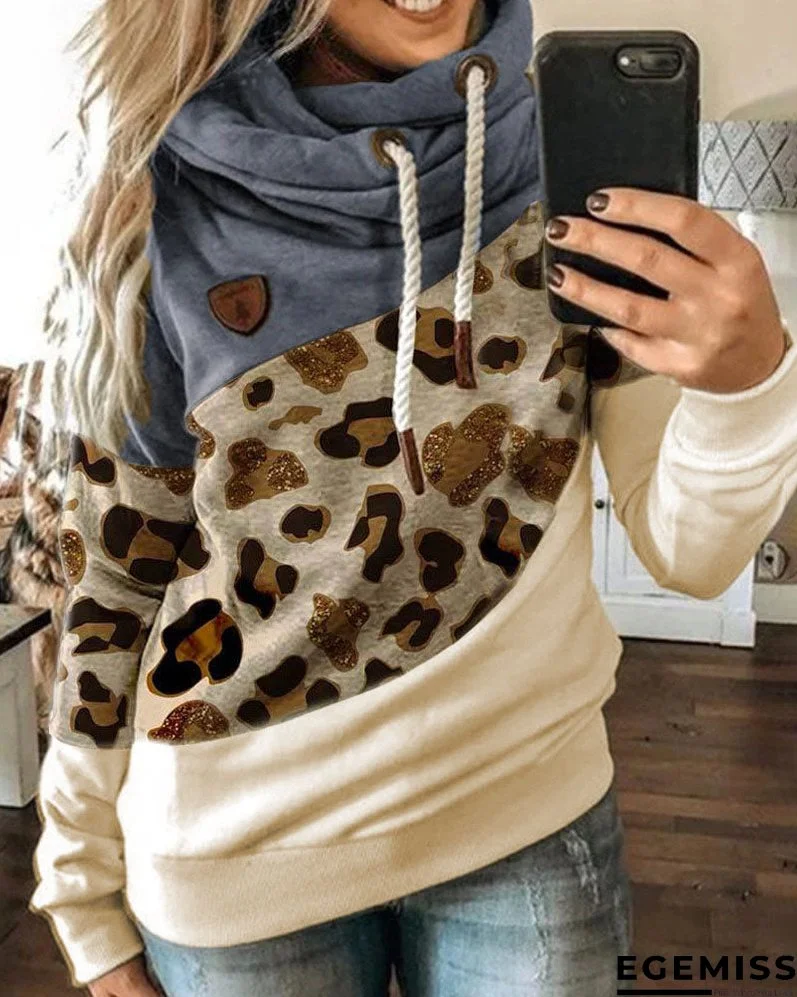 Lantern Sleeve Colorblock Leopard Print Hooded Top | EGEMISS